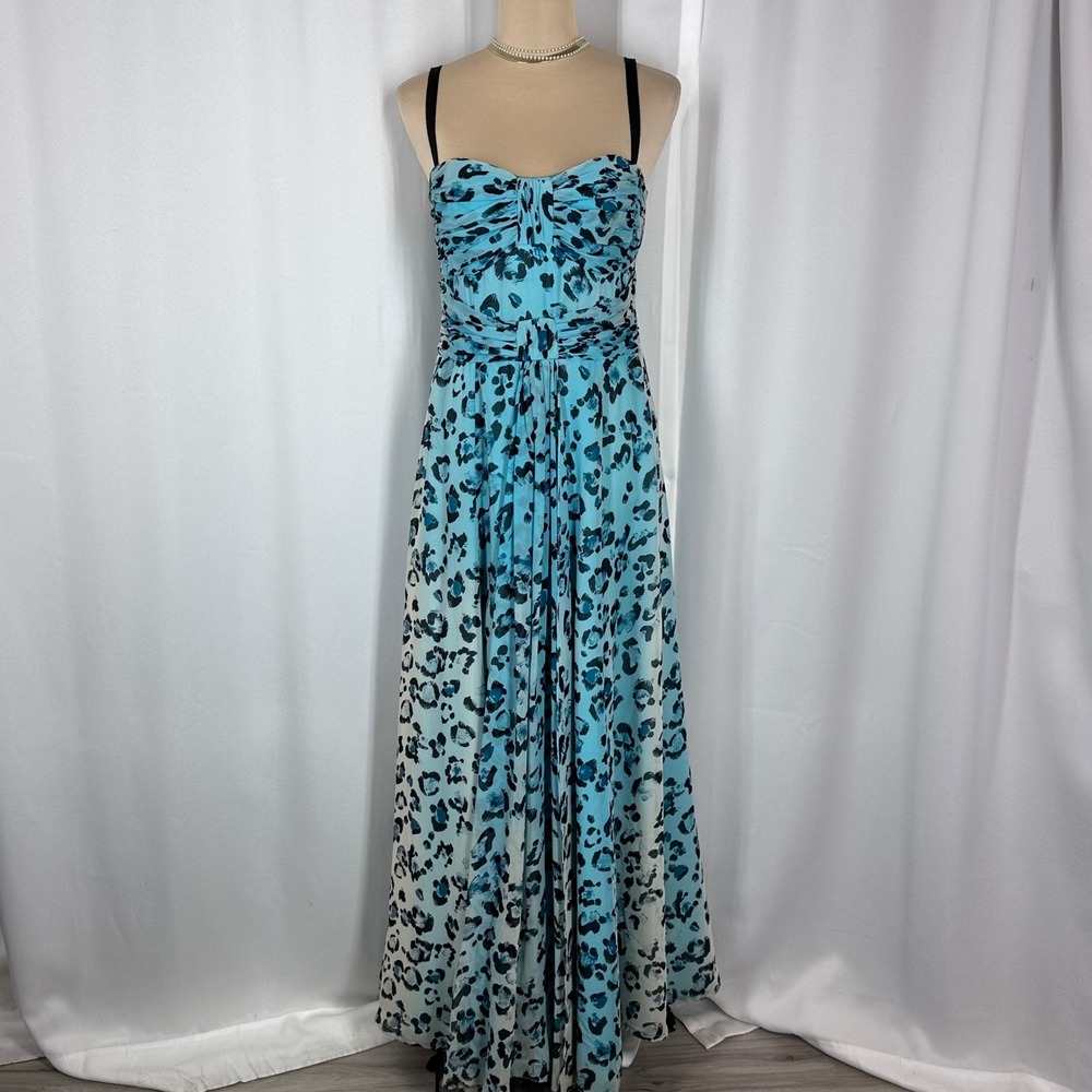 Nanette Lepore Silk Strapless Maxi Dress Blue Leopard Print Size 6 READ